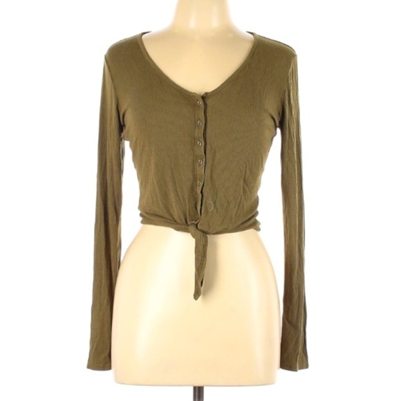 Nollie ribbed long sleeve front knot scoop neck Fitted top Large Olive green - Picture 1 of 5